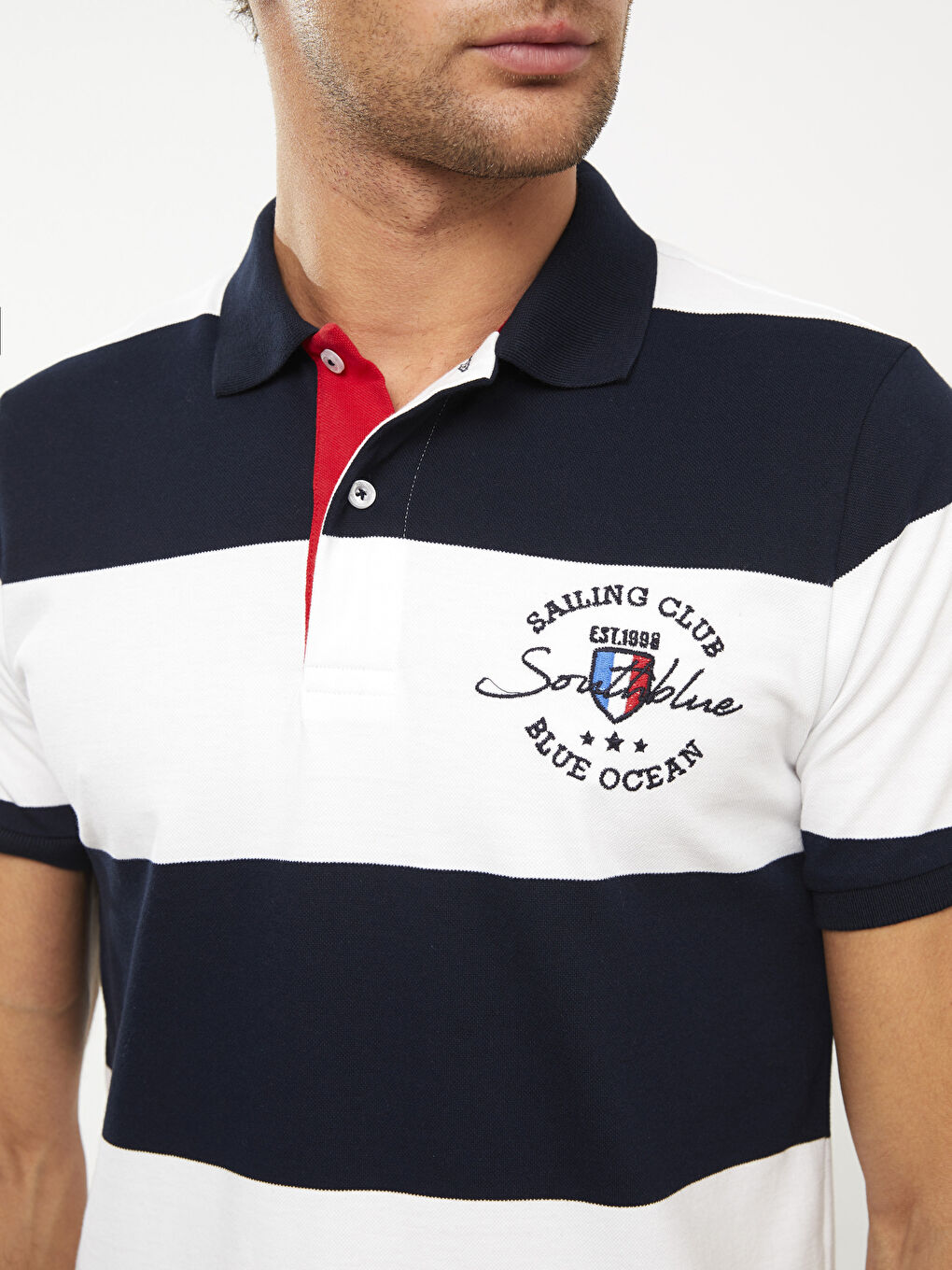 Lacivert Polo Yaka Kısa Kollu Çizgili Erkek Tişört-3