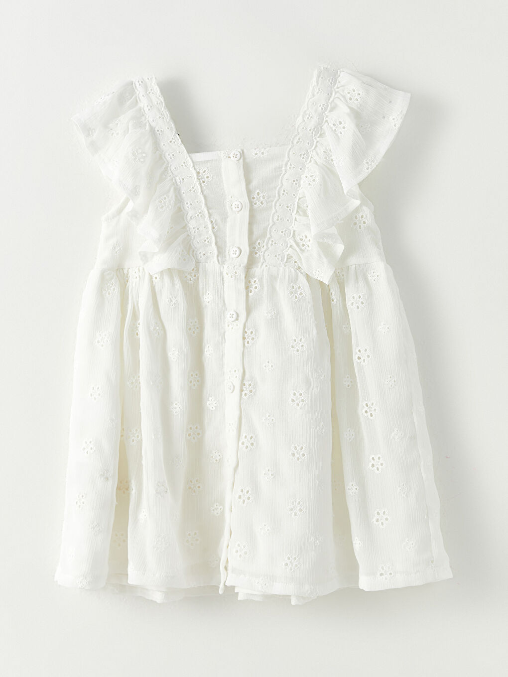 Beyaz Kare Yaka Askılı Nakış Detaylı Kız Bebek Elbise-3