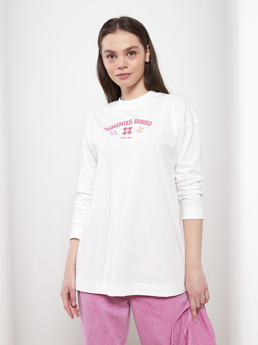 Ekru Bisiklet Yaka Baskılı Uzun Kollu Kadın Tunik