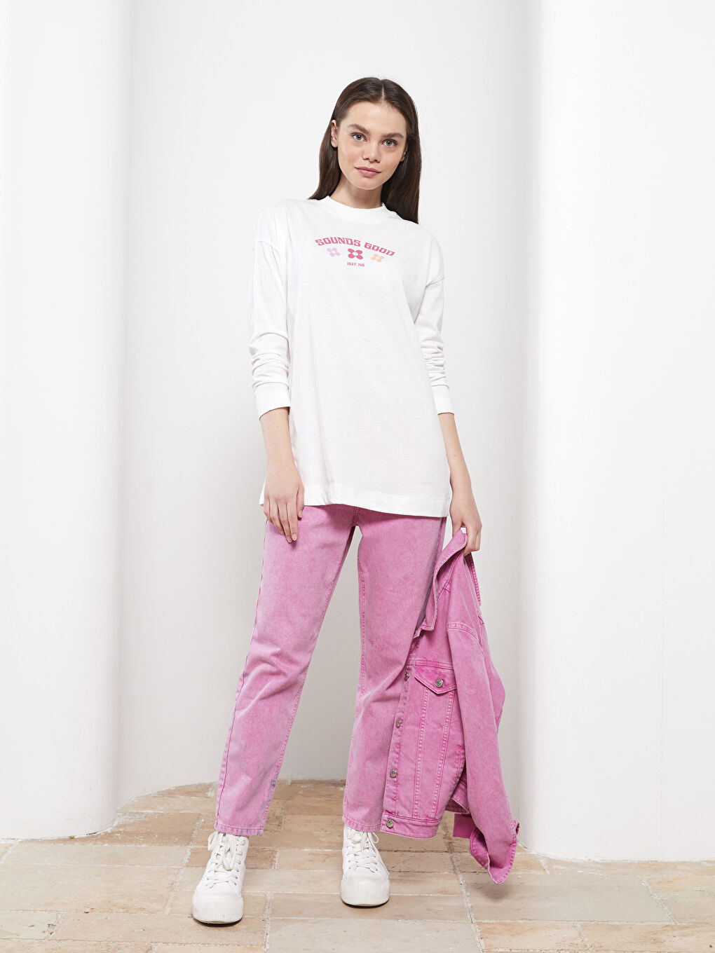 Ekru Bisiklet Yaka Baskılı Uzun Kollu Kadın Tunik-2