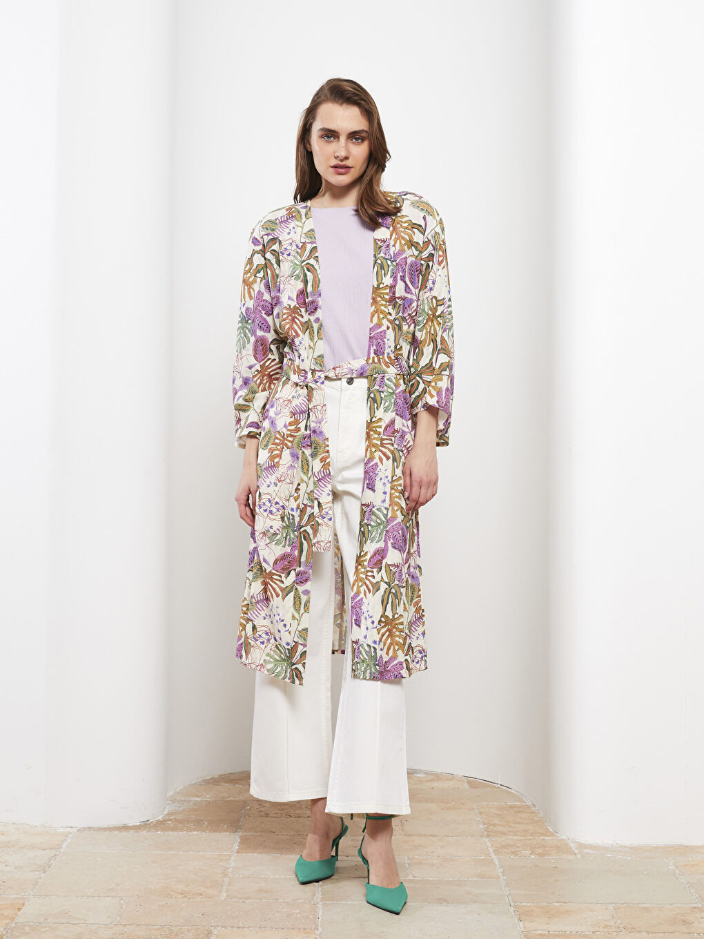 Lila Şal Yaka Çiçekli Uzun Kollu Kadın Kimono-1