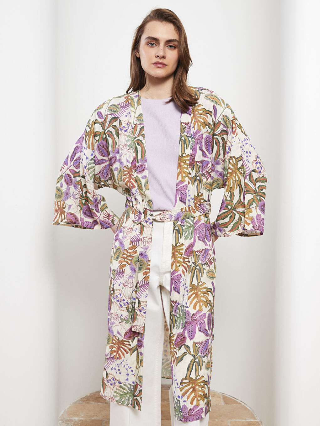 Lila Şal Yaka Çiçekli Uzun Kollu Kadın Kimono-2