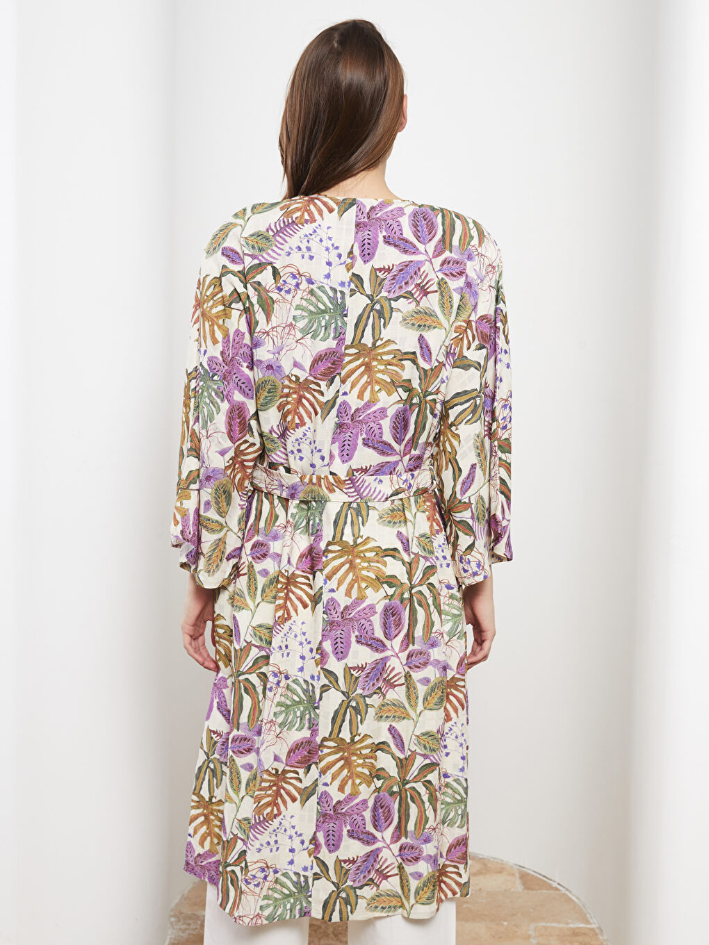 Lila Şal Yaka Çiçekli Uzun Kollu Kadın Kimono-4