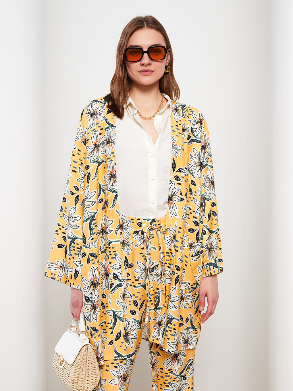 Kimono à Col Châle Floral à Manches Longues pour Femmes