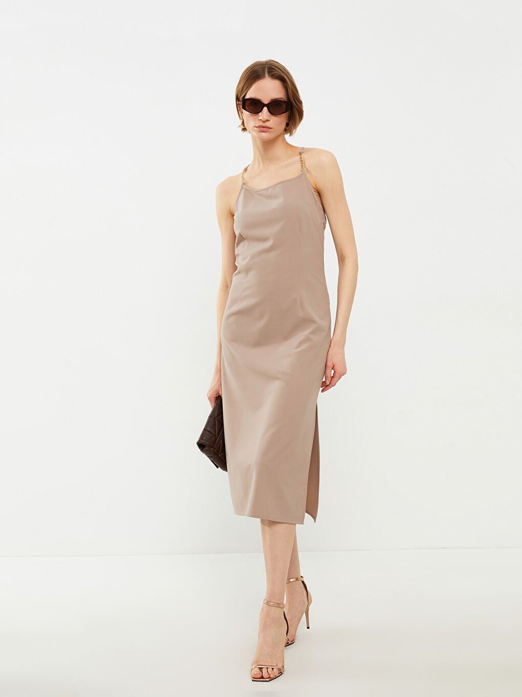 Bej U Yaka Düz Askılı Kadın Elbise-1