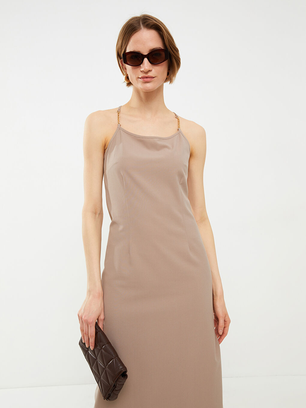 Bej U Yaka Düz Askılı Kadın Elbise-2