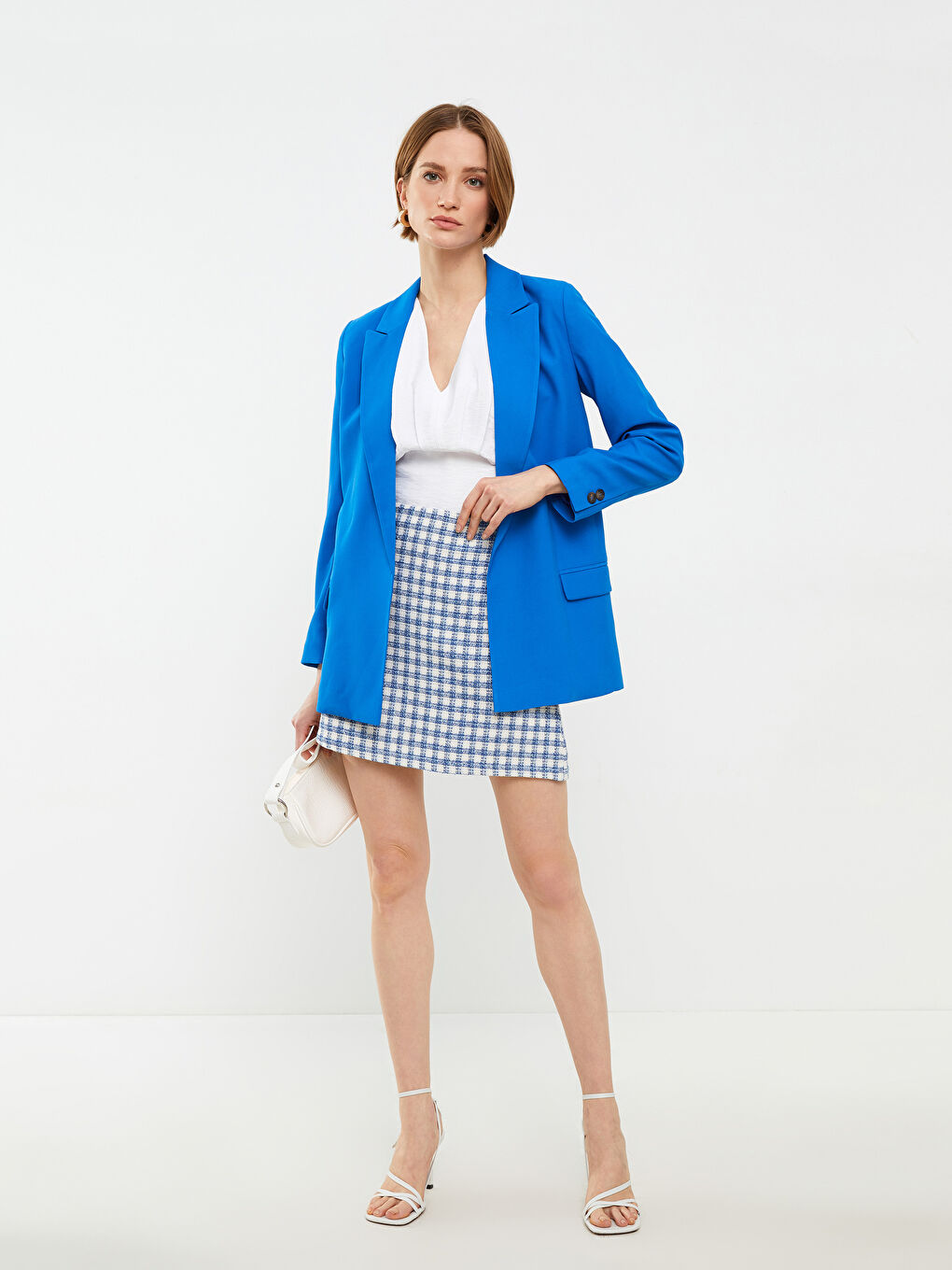 Mavi Beli Fermuarlı Ekose Kadın Mini Etek-1