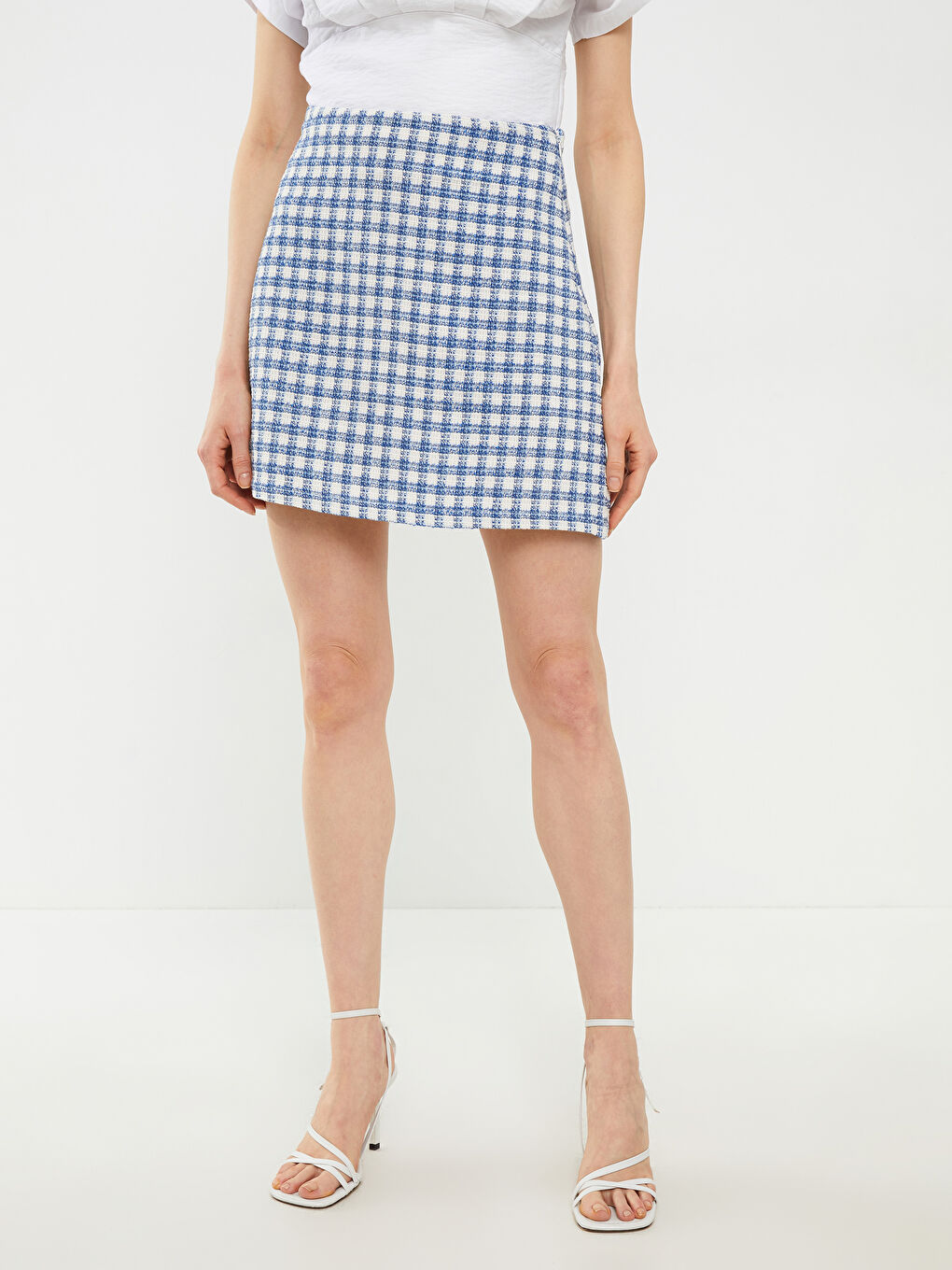 Mavi Beli Fermuarlı Ekose Kadın Mini Etek-2