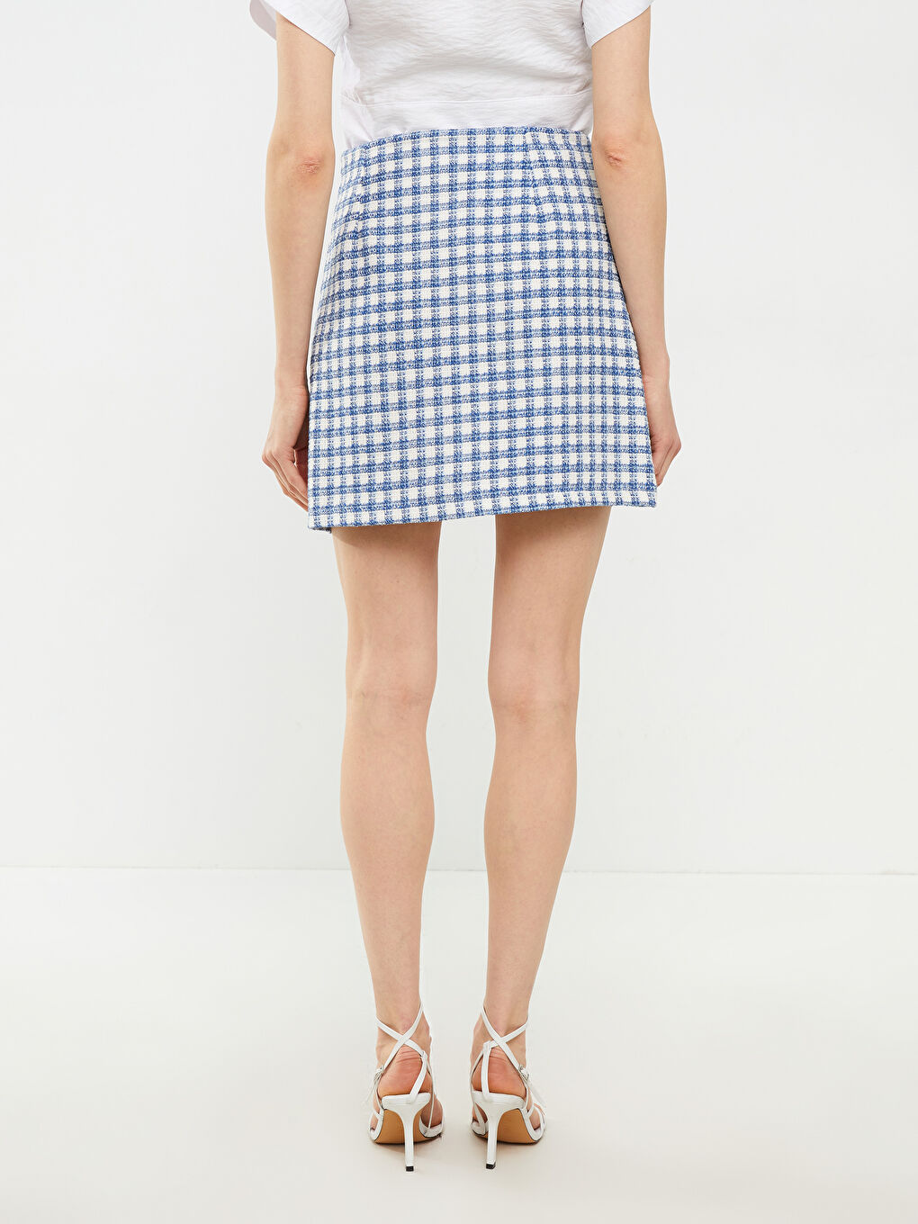Mavi Beli Fermuarlı Ekose Kadın Mini Etek-3