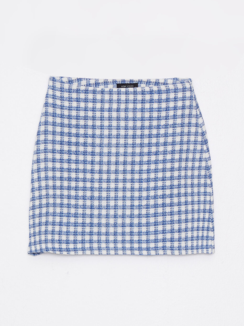 Mavi Beli Fermuarlı Ekose Kadın Mini Etek-4