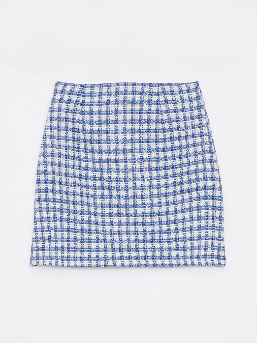 Mavi Beli Fermuarlı Ekose Kadın Mini Etek-5