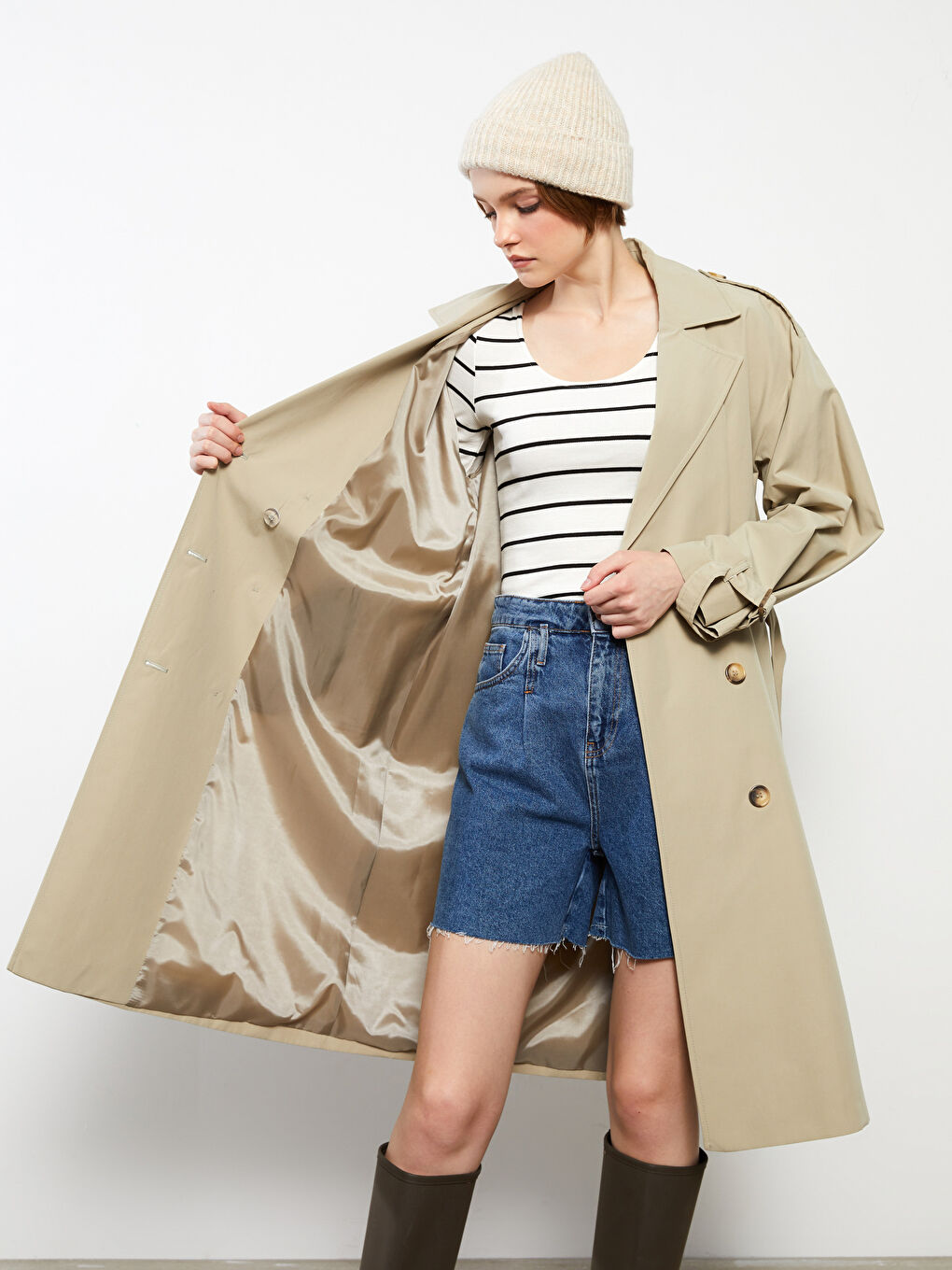 Haki Ceket Yaka Düz Uzun Kollu Kadın Trençkot-2