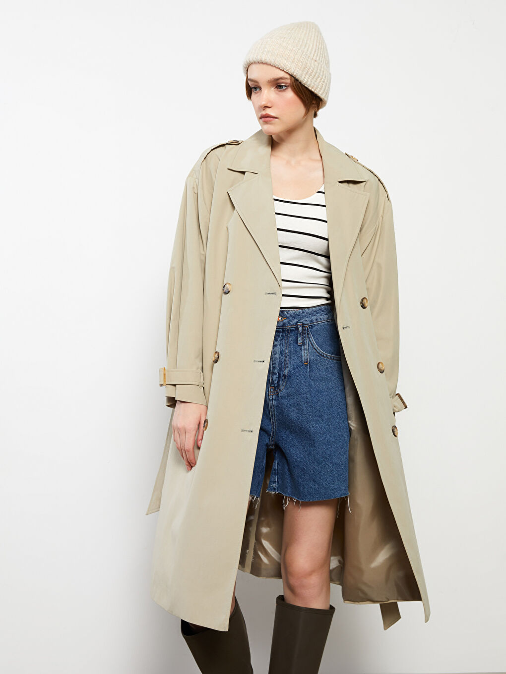 Haki Ceket Yaka Düz Uzun Kollu Kadın Trençkot-3