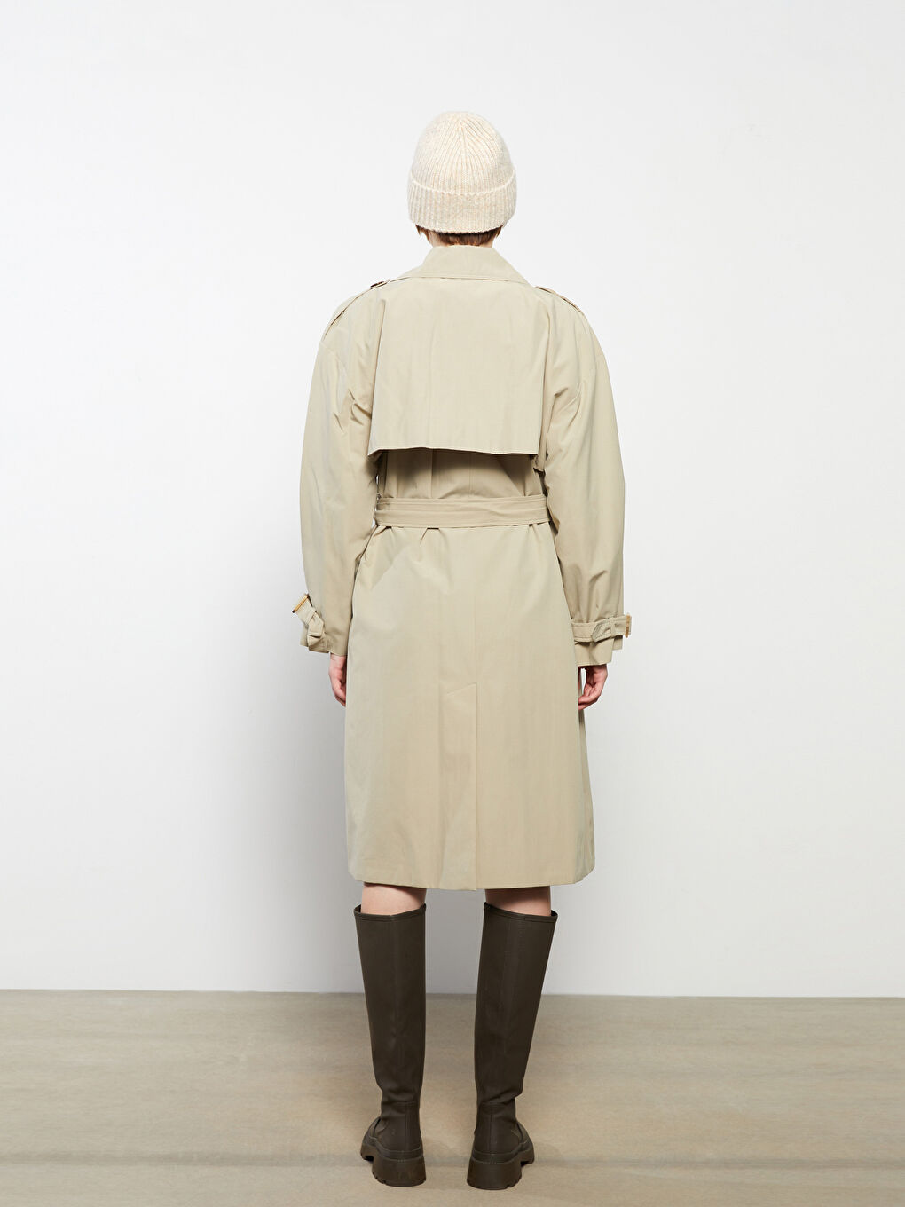 Haki Ceket Yaka Düz Uzun Kollu Kadın Trençkot-5