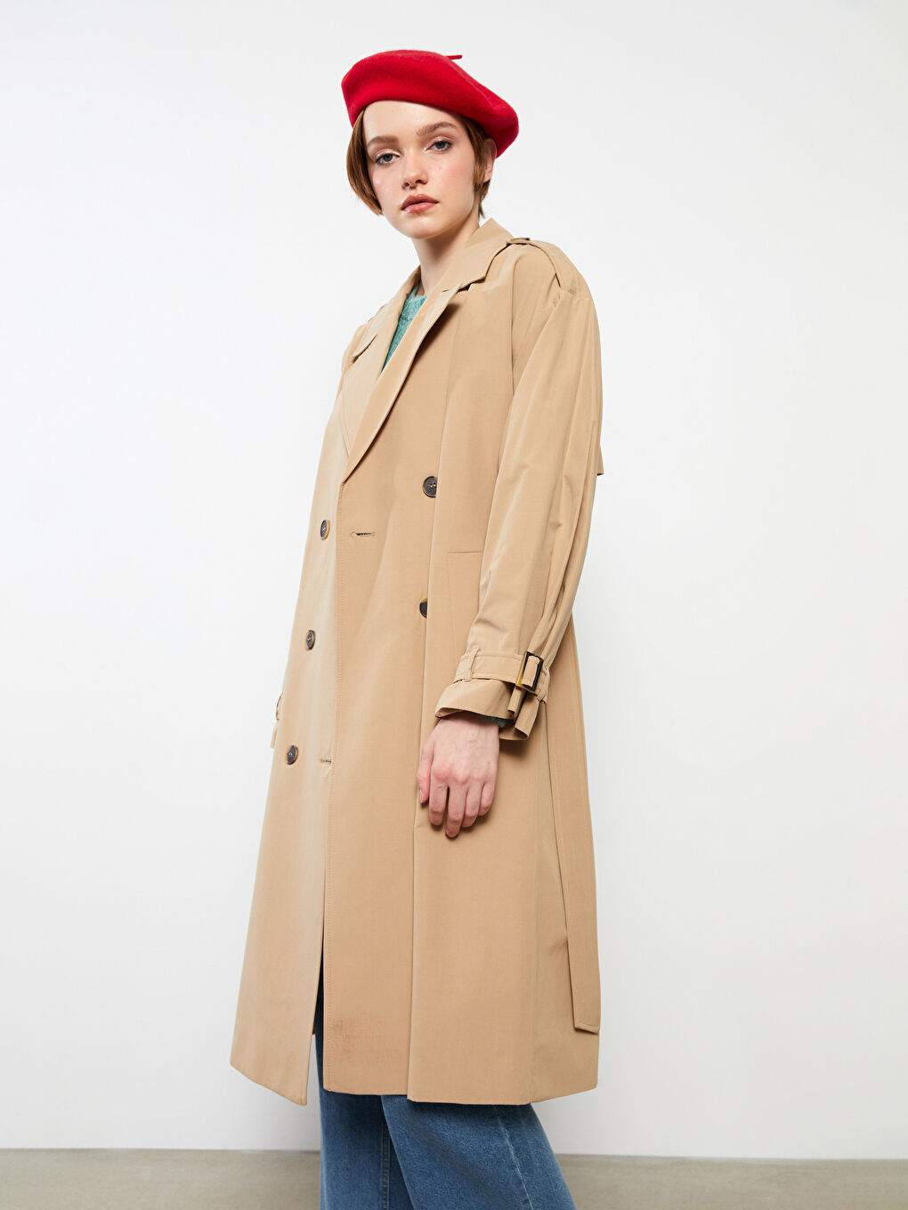 Bej Ceket Yaka Düz Uzun Kollu Kadın Trençkot
