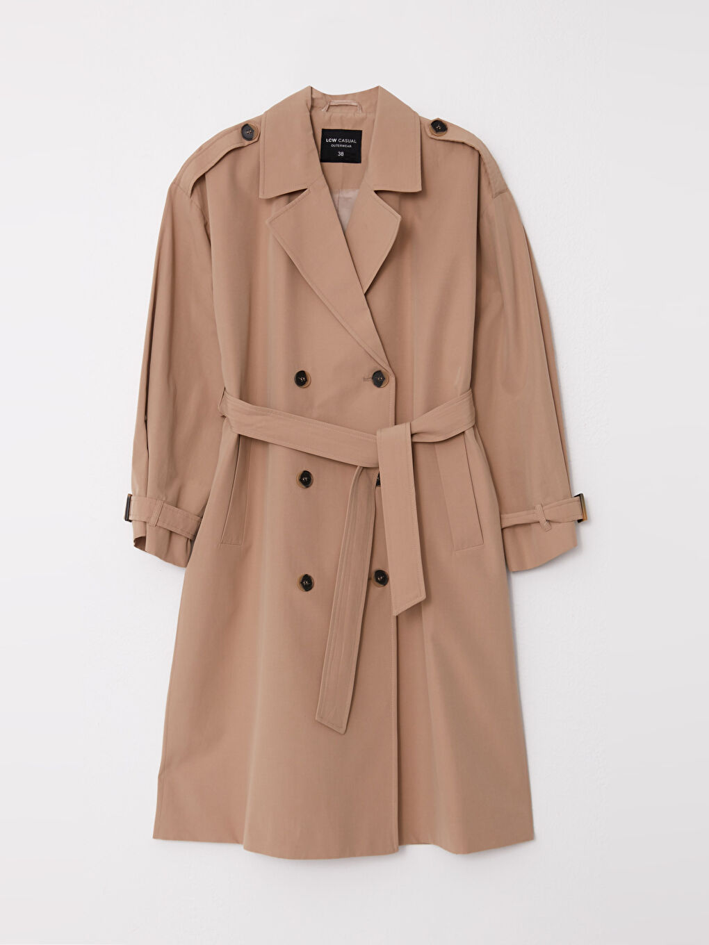 Bej Ceket Yaka Düz Uzun Kollu Kadın Trençkot-1
