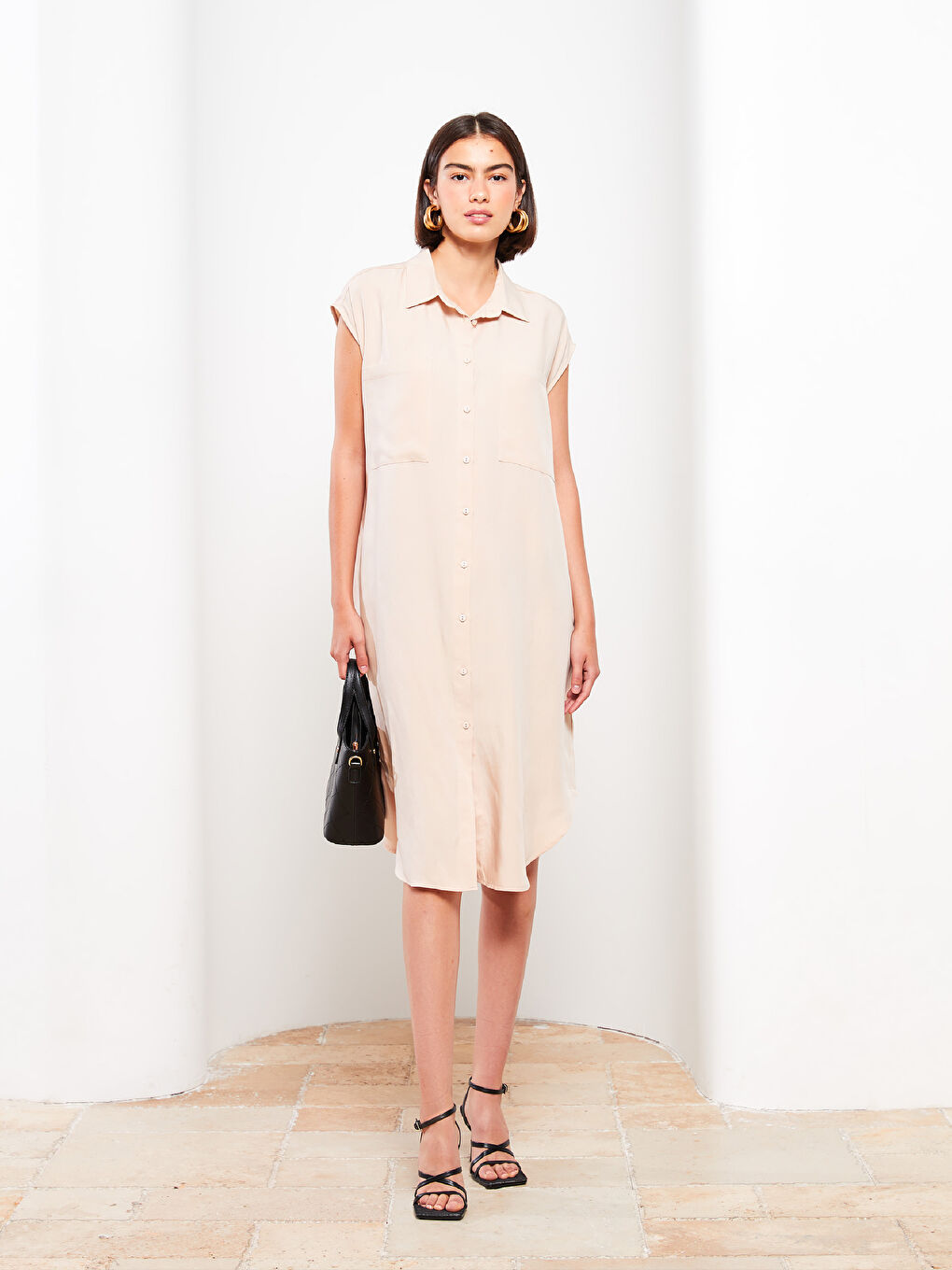 Pembe Kadın Düz Kolsuz Gömlek Elbise