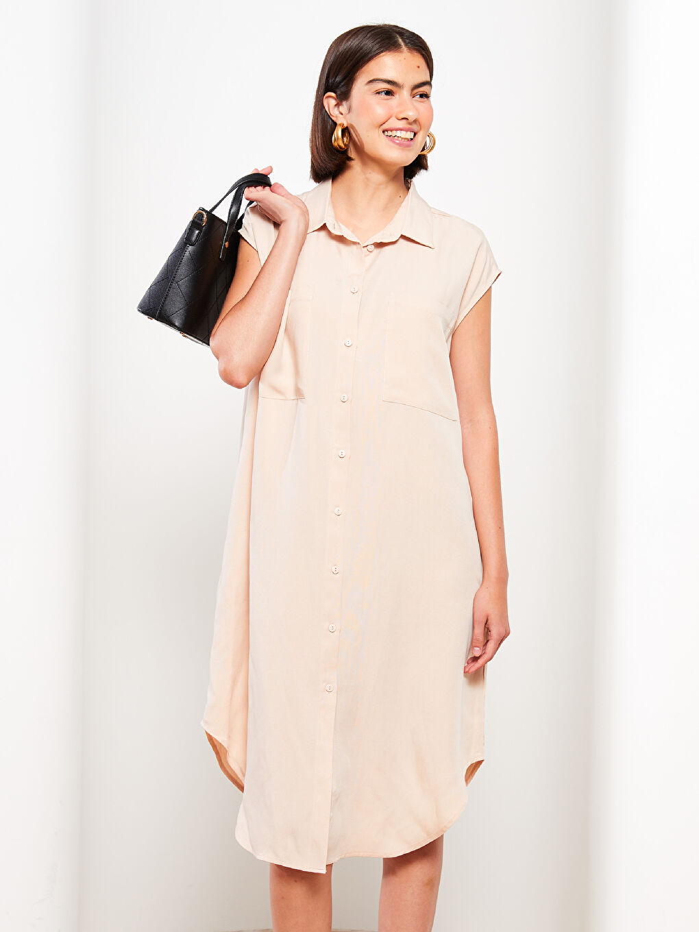 Pembe Kadın Düz Kolsuz Gömlek Elbise-1