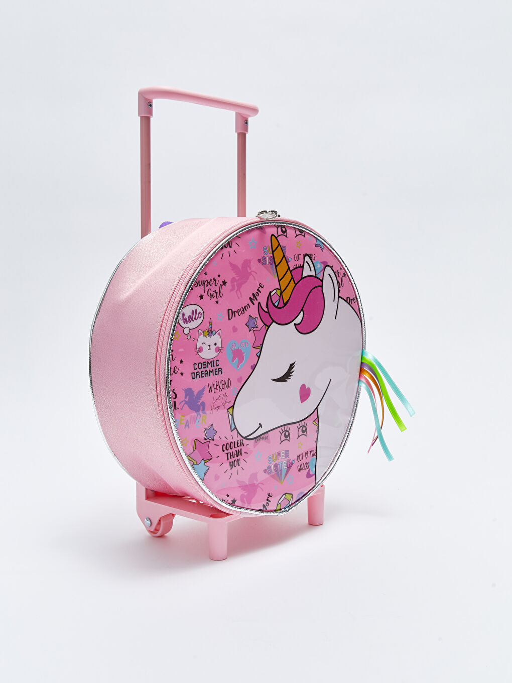 Pembe Baskılı Tekerlekli Kız Çocuk Çekçekli Çanta-1