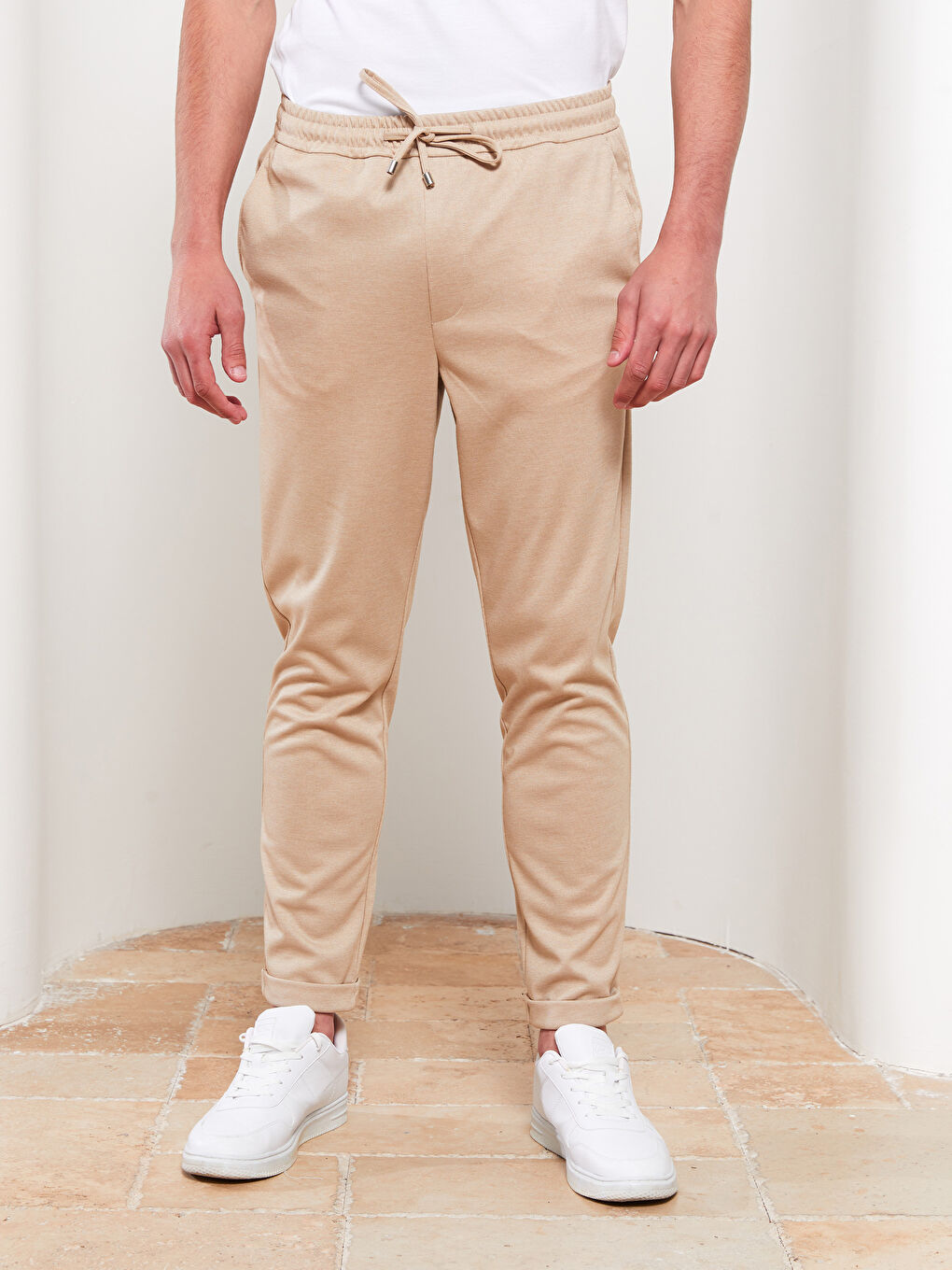 Slim Fit Men's Trousers with Tie Waist Detail-3