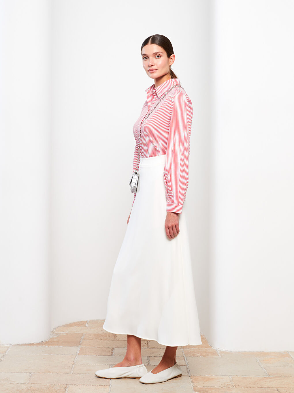 Ekru Düz Volanlı Kadın Etek-1