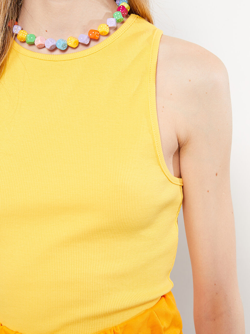 Sarı Bisiklet Yaka Düz Crop Pamuklu Kadın Atlet-3