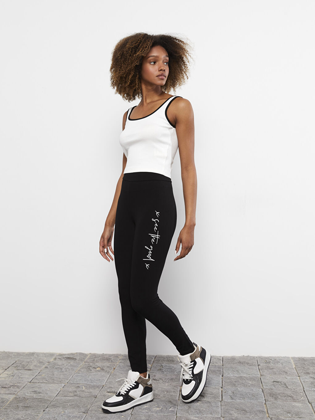 Siyah Beli Lastikli Baskılı Pamuklu Kadın Tayt-1