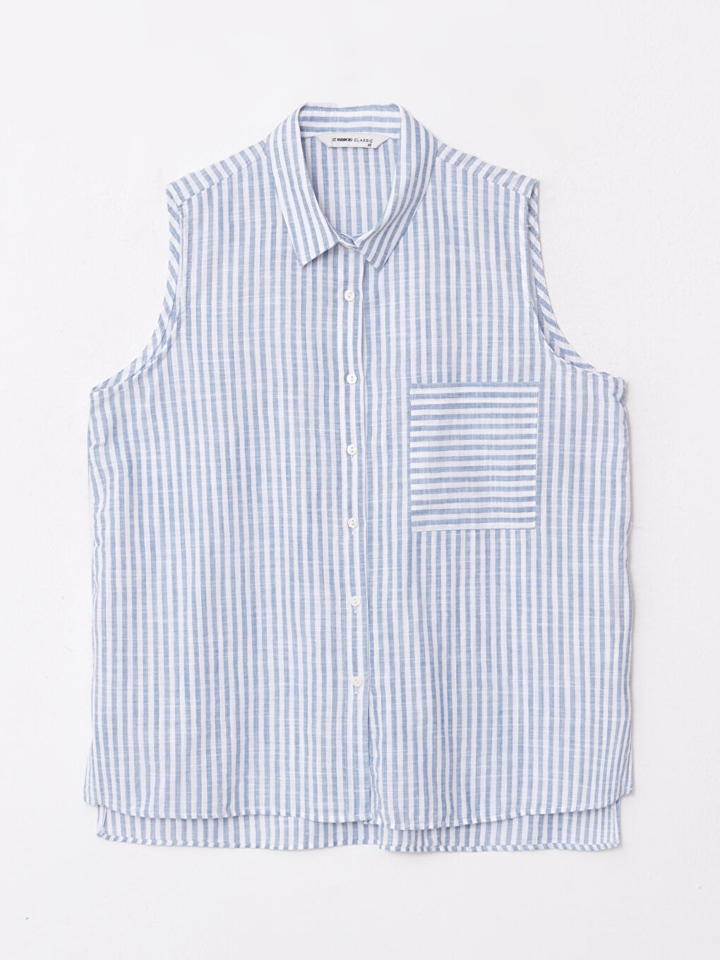 Mavi Büyük Beden Önden Düğme Kapamalı Çizgili Kolsuz Pamuklu Kadın Gömlek-5