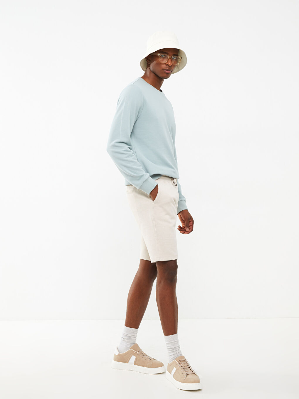 Bej Slim Fit Örme Erkek Şort-2