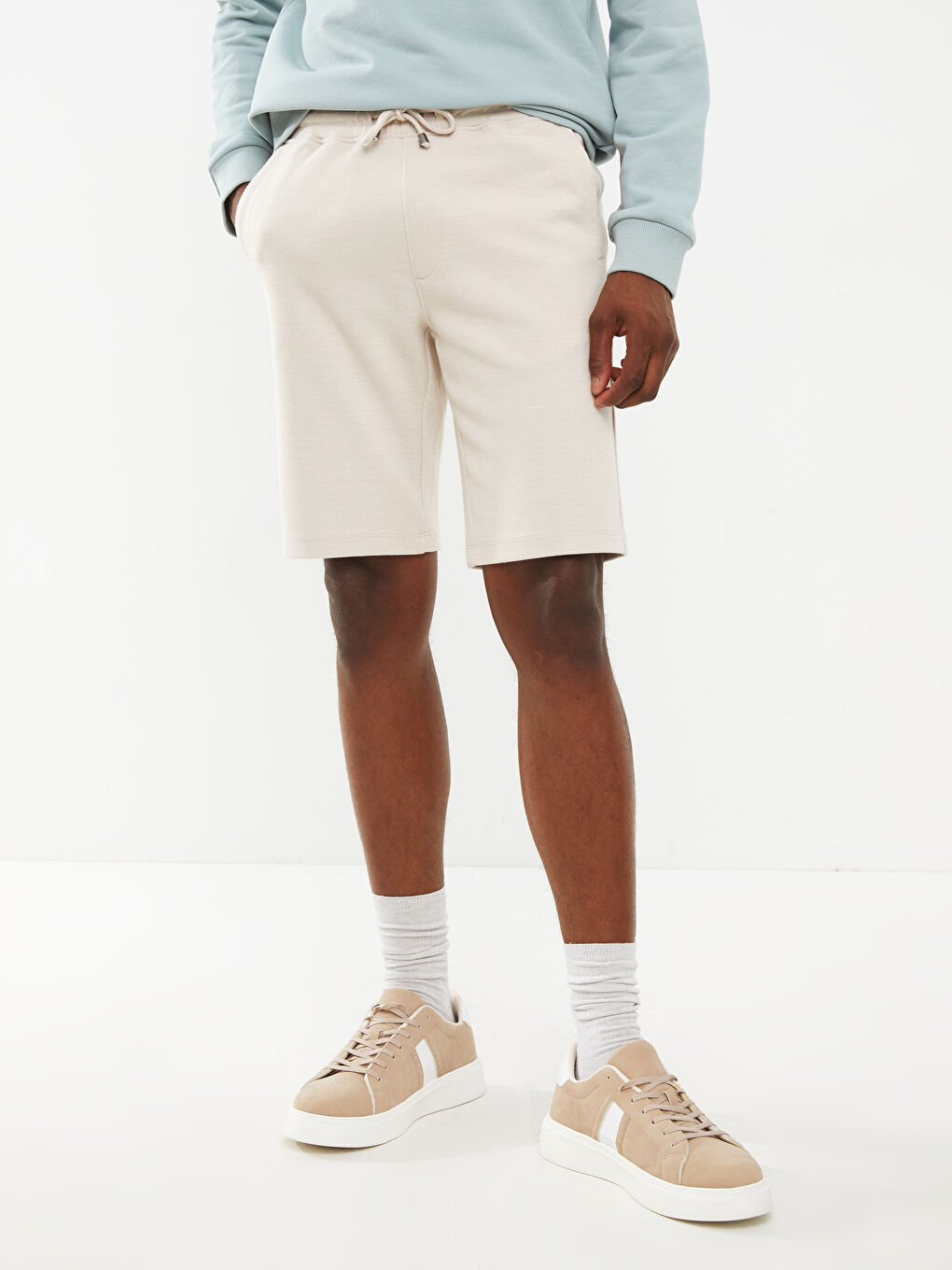 Bej Slim Fit Örme Erkek Şort-4