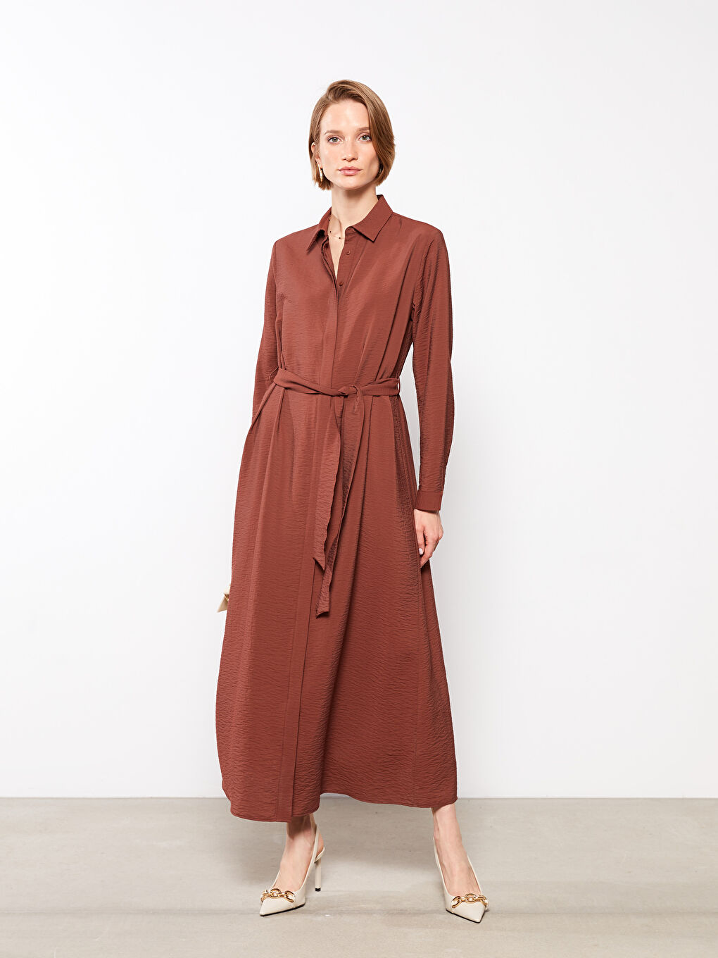 Kahverengi Düz Uzun Kollu Kadın Gömlek Elbise