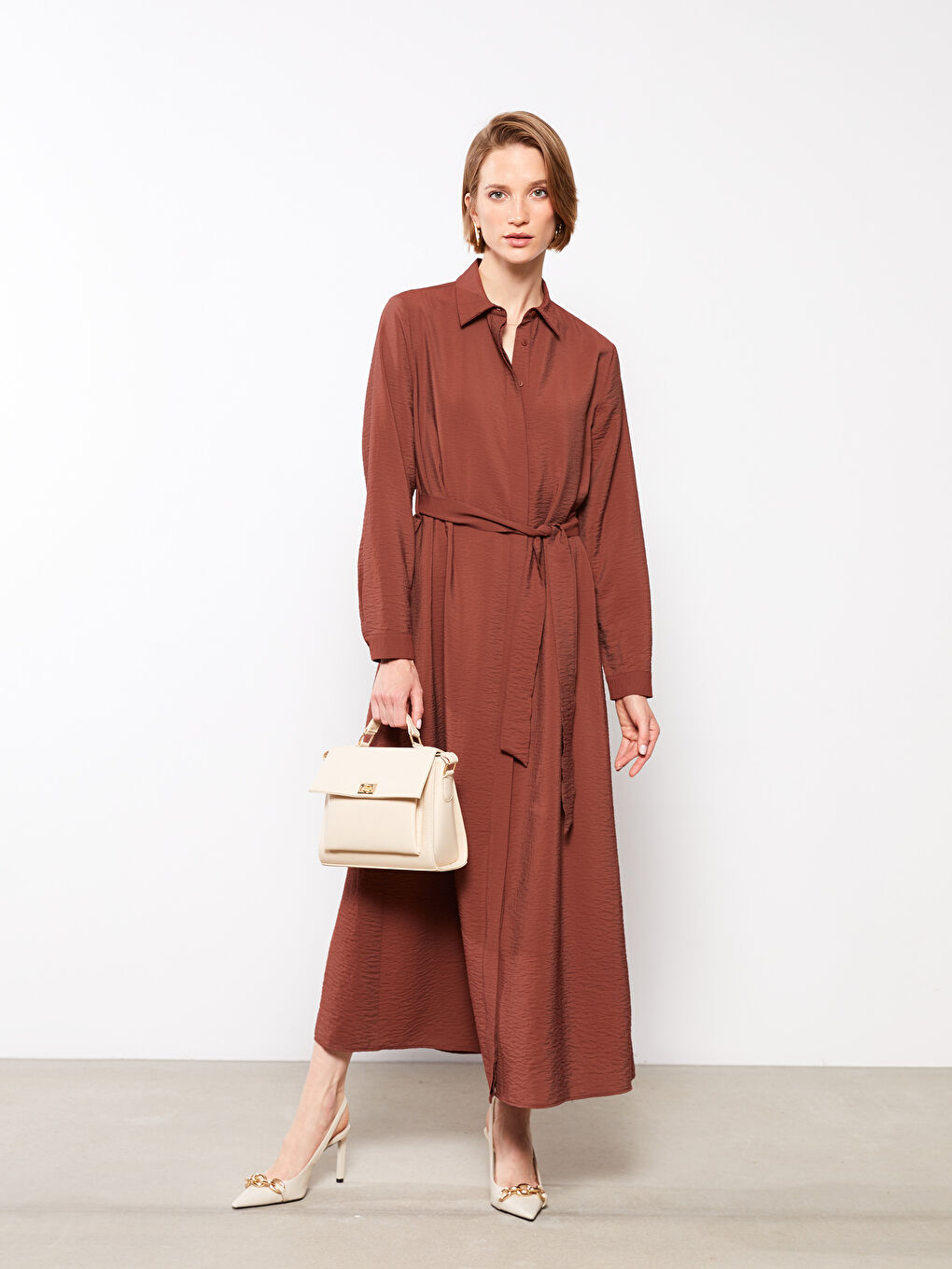 Kahverengi Düz Uzun Kollu Kadın Gömlek Elbise-1