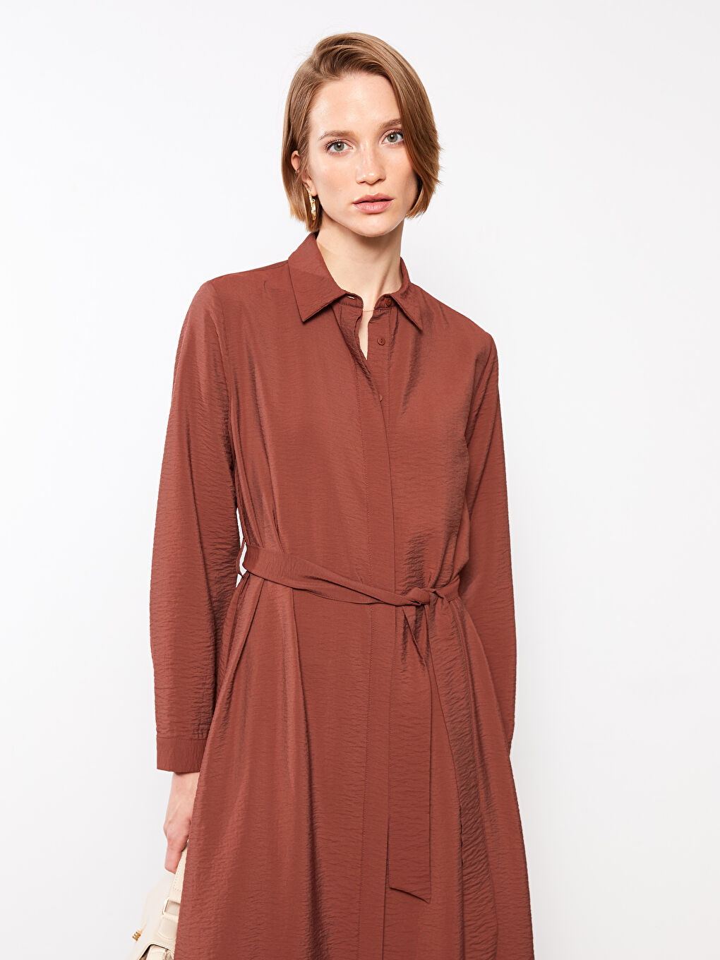 Kahverengi Düz Uzun Kollu Kadın Gömlek Elbise-2