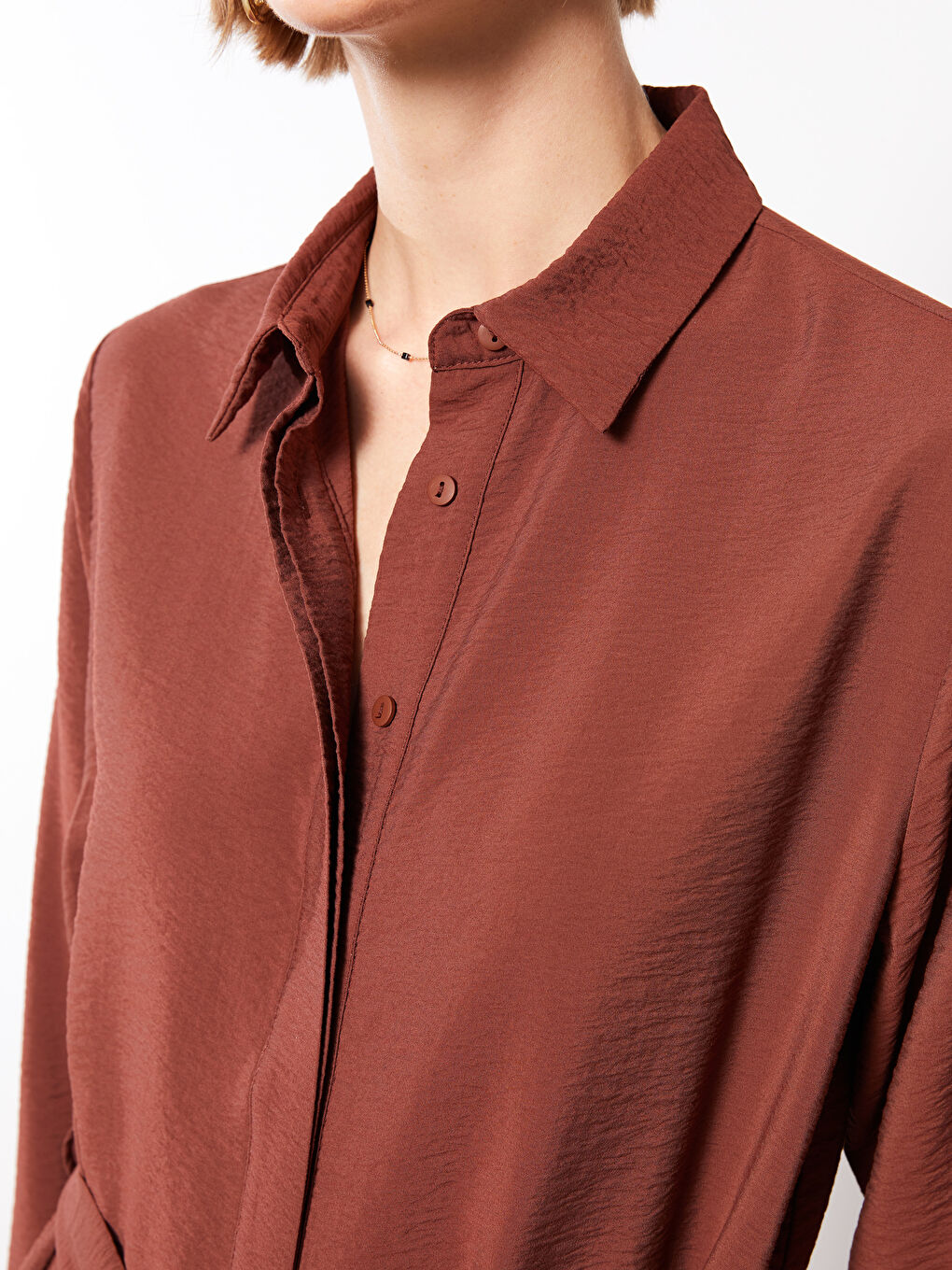 Kahverengi Düz Uzun Kollu Kadın Gömlek Elbise-3