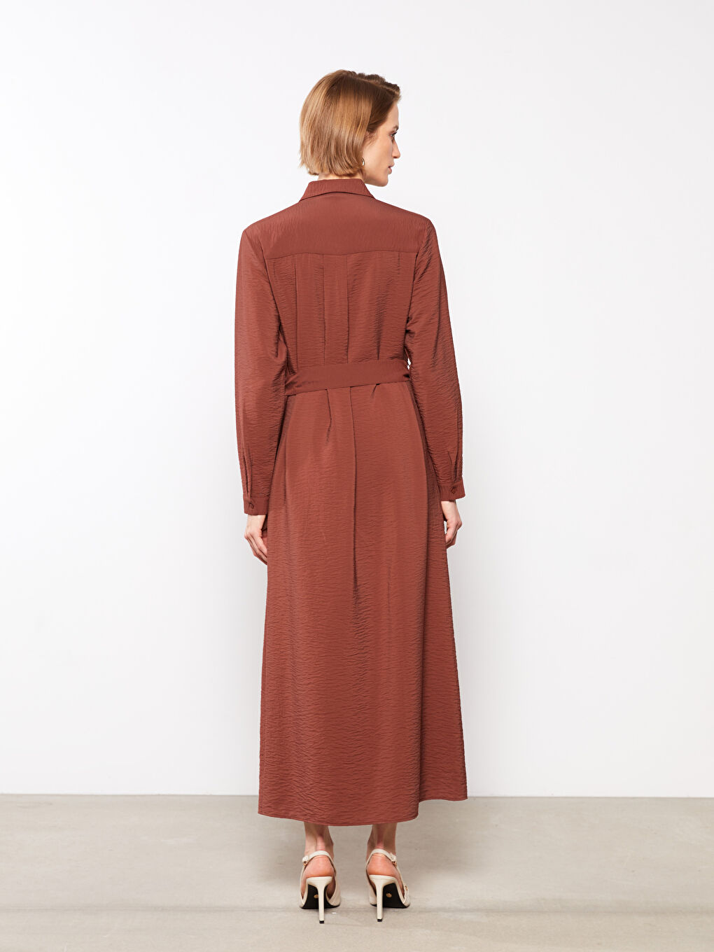 Kahverengi Düz Uzun Kollu Kadın Gömlek Elbise-4