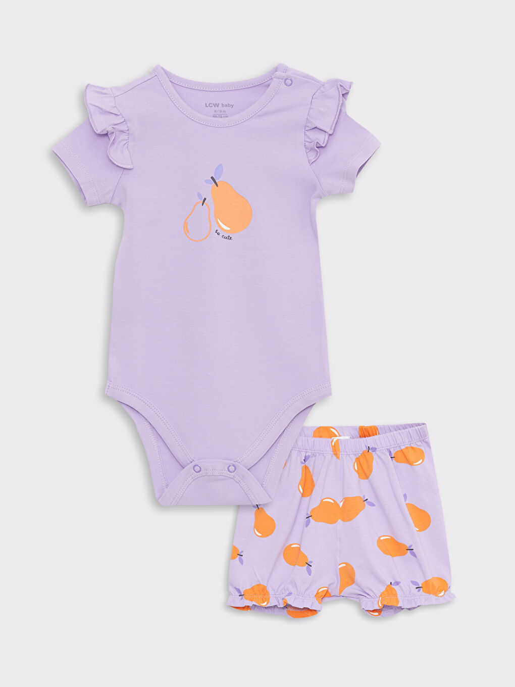 Lila Bisiklet Yaka Kısa Kollu Baskılı Kız Bebek Çıtçıtlı Body ve Şort 2'li Takım