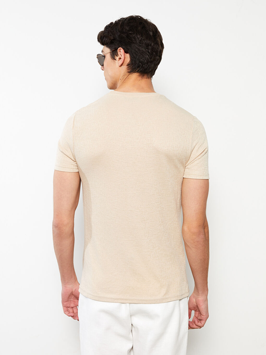 Bej Bisiklet Yaka Kısa Kollu Erkek Tişört-4