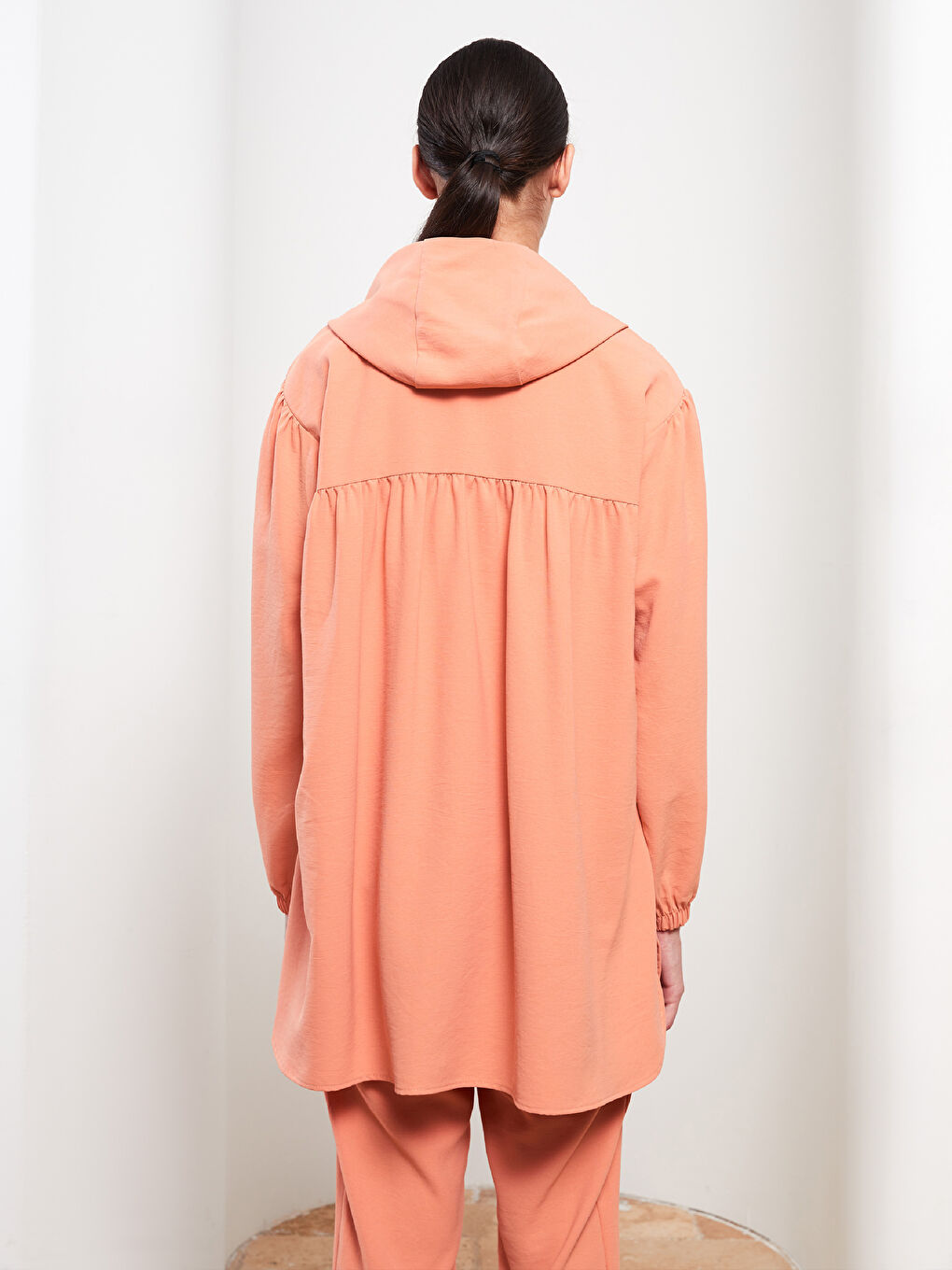 Pembe Kapüşonlu Düz Uzun Kollu Kadın Tunik-4