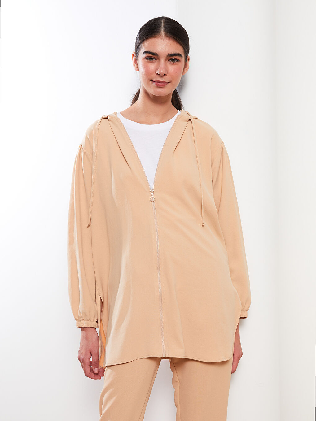 Bej Kapüşonlu Düz Uzun Kollu Kadın Tunik