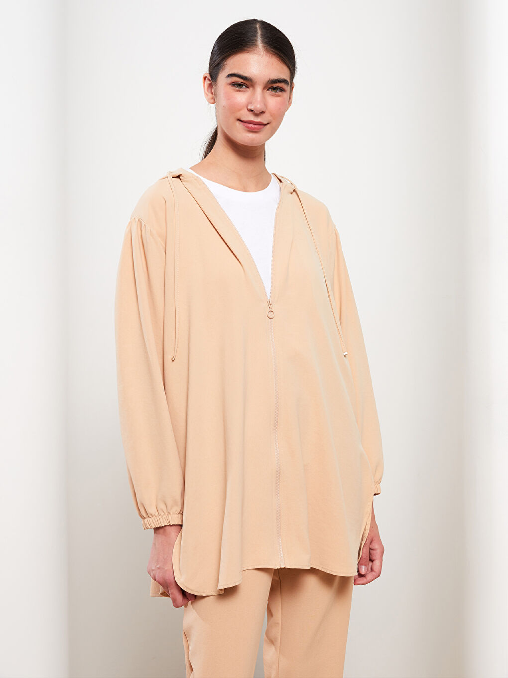 Bej Kapüşonlu Düz Uzun Kollu Kadın Tunik-1