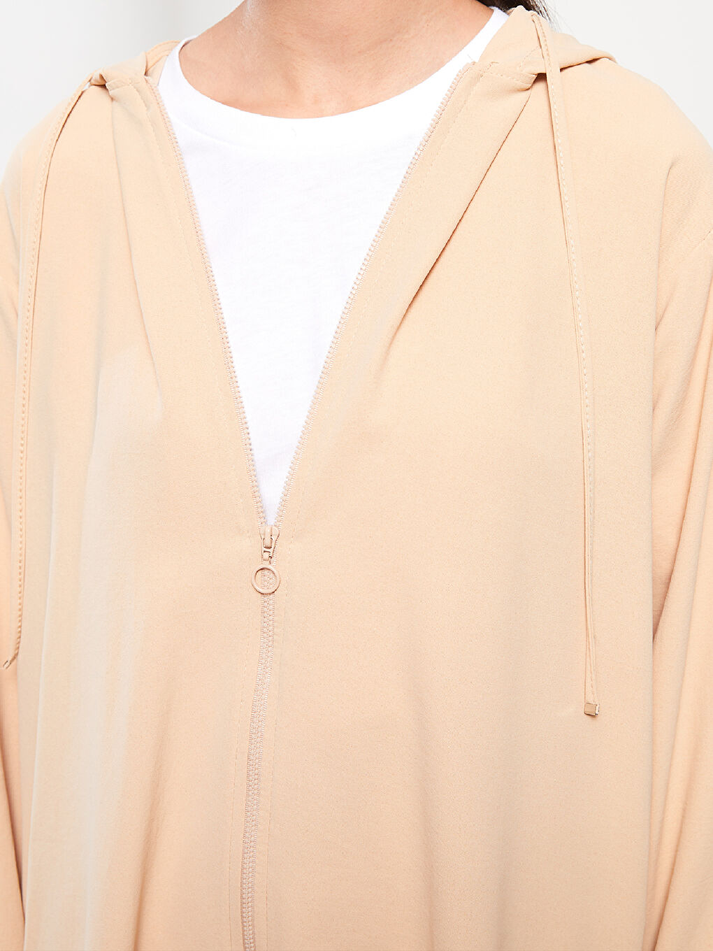 Bej Kapüşonlu Düz Uzun Kollu Kadın Tunik-3