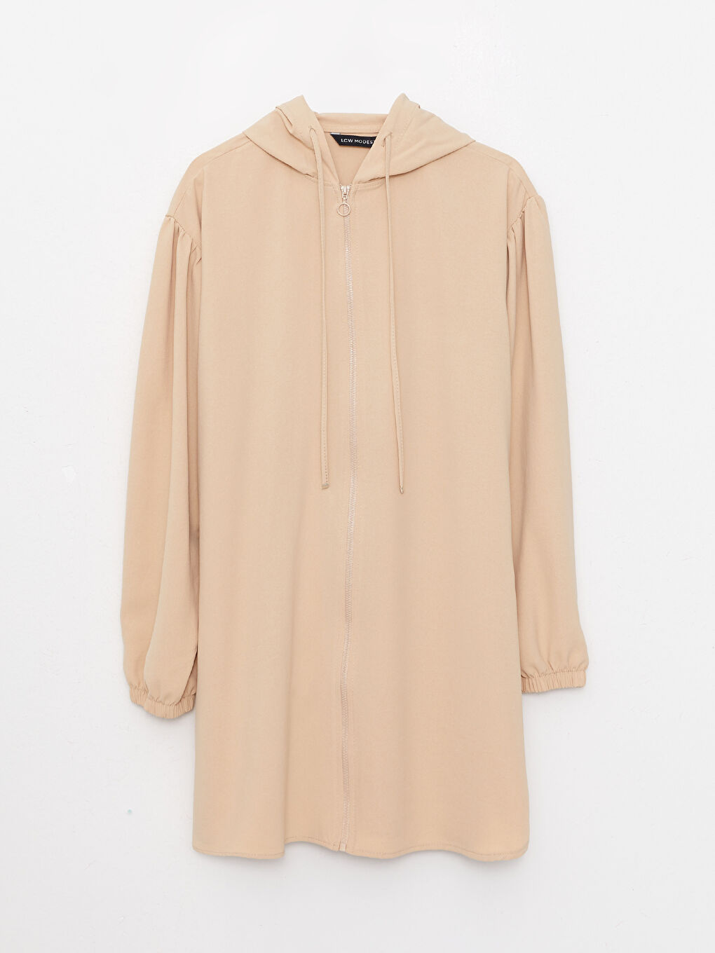 Bej Kapüşonlu Düz Uzun Kollu Kadın Tunik-5