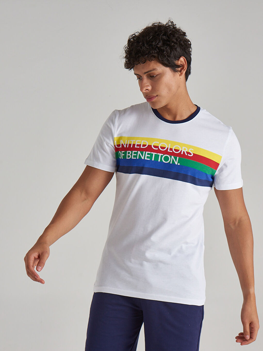 Beyaz Bisiklet Yaka Kısa Kollu Baskılı Penye Erkek Tişört