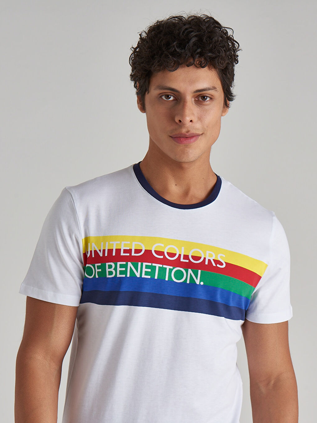 Beyaz Bisiklet Yaka Kısa Kollu Baskılı Penye Erkek Tişört-1