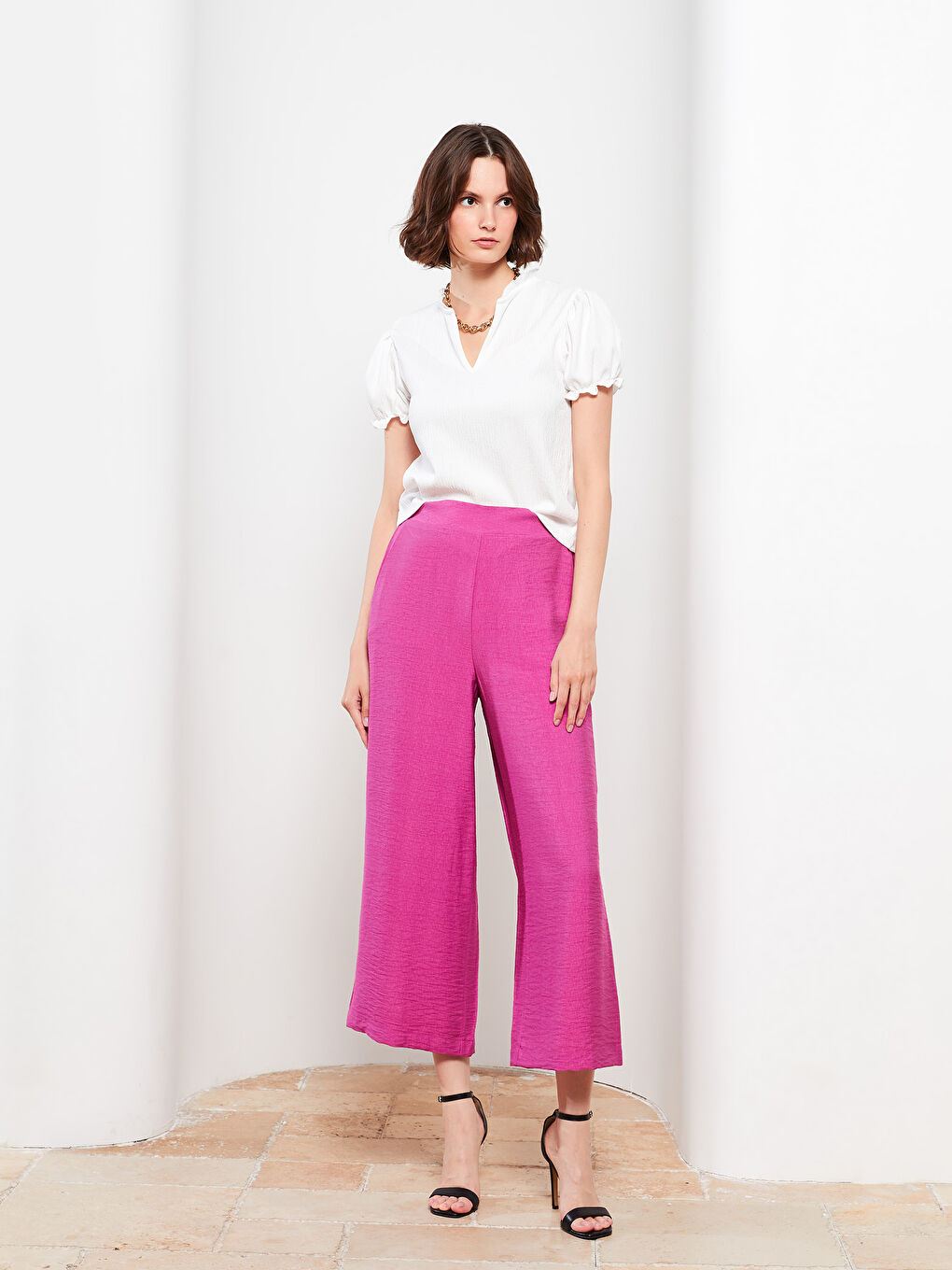 Mor Kadın Beli Lastikli Rahat Kalıp Düz Pantolon-1