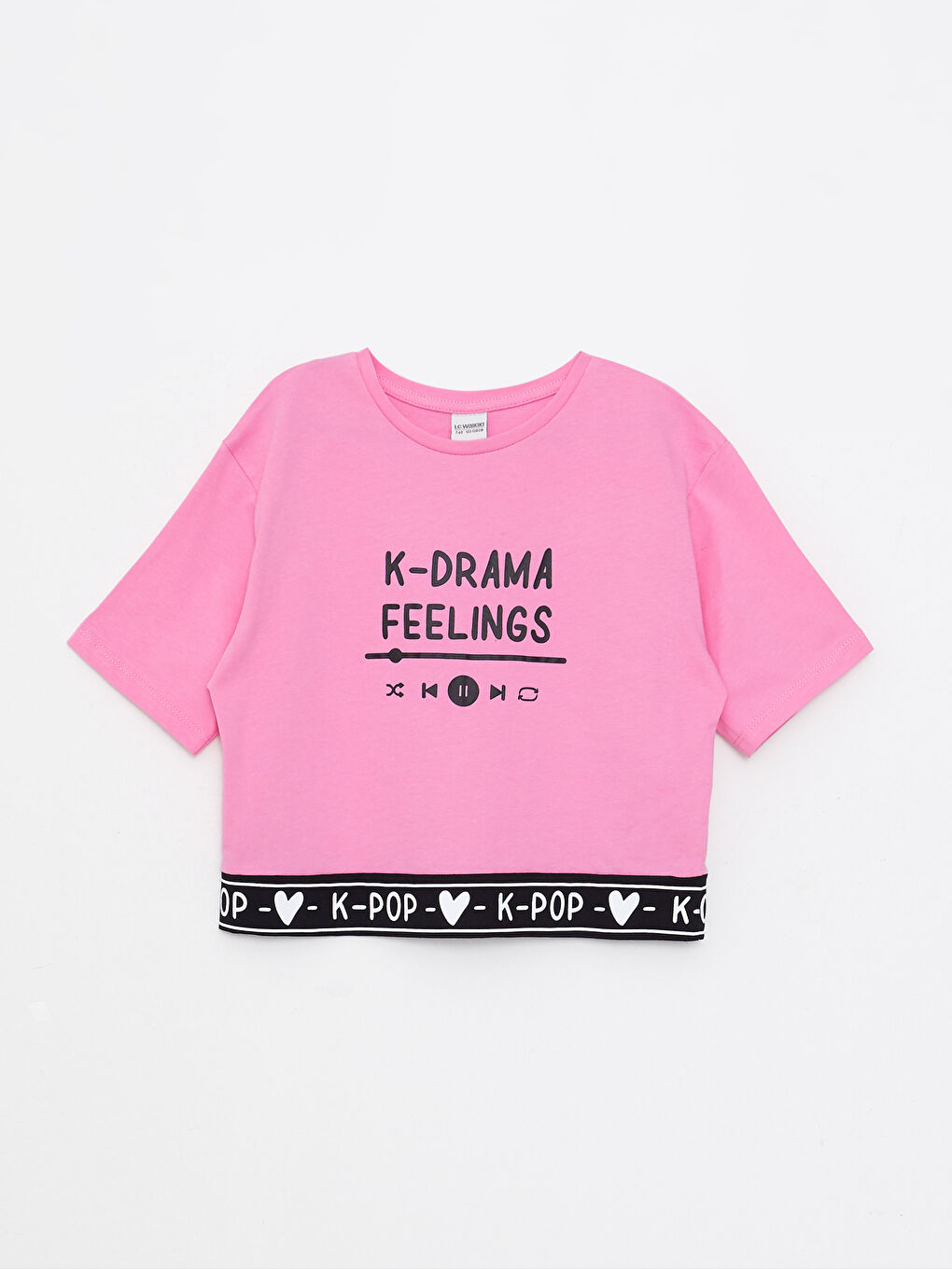 Pembe Bisiklet Yaka K-Pop Baskılı Kısa Kollu Pamuklu Kız Çocuk Tişört