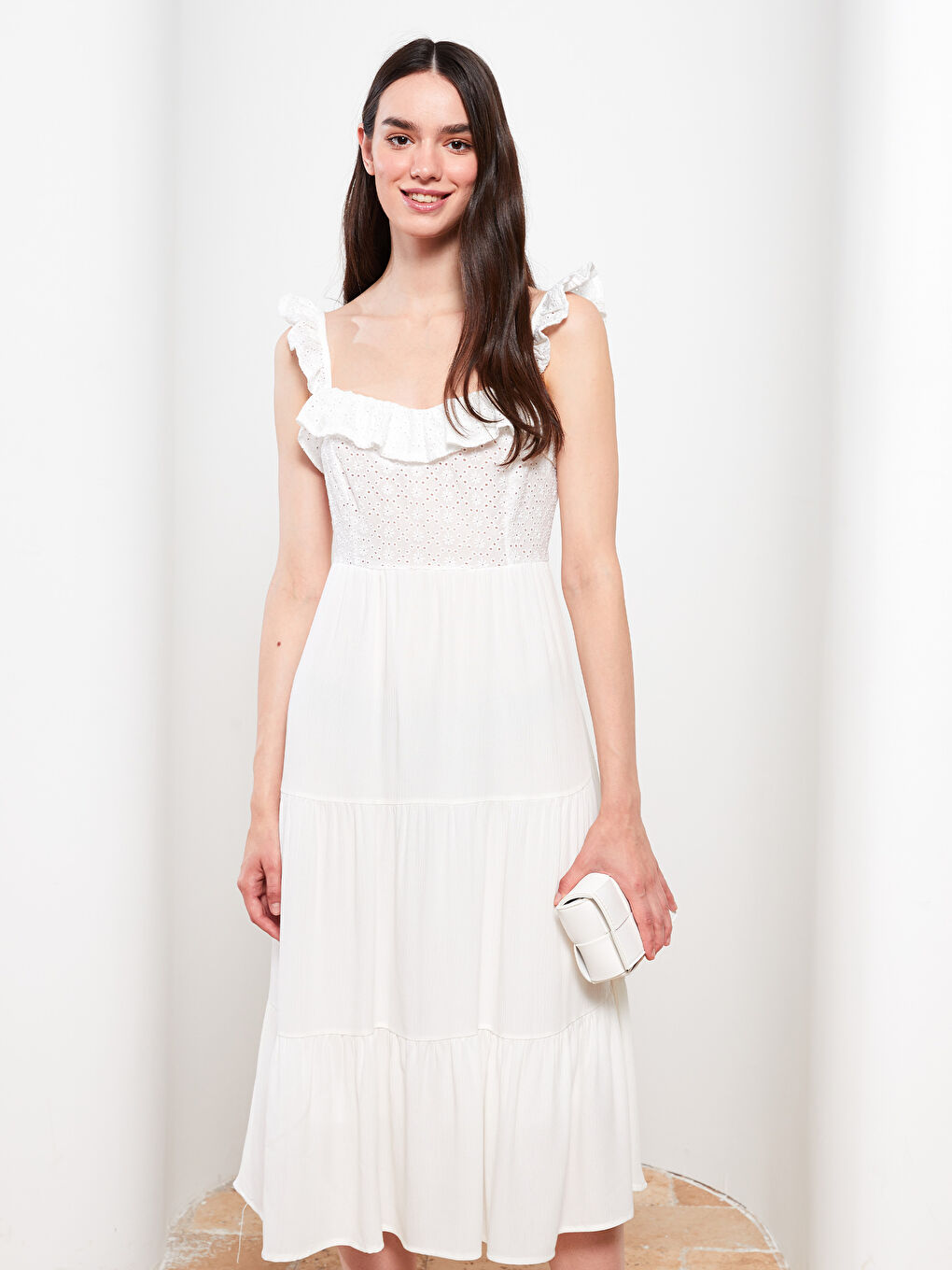 Heart Collar Embroidered Strap Crinkle Women's Dress