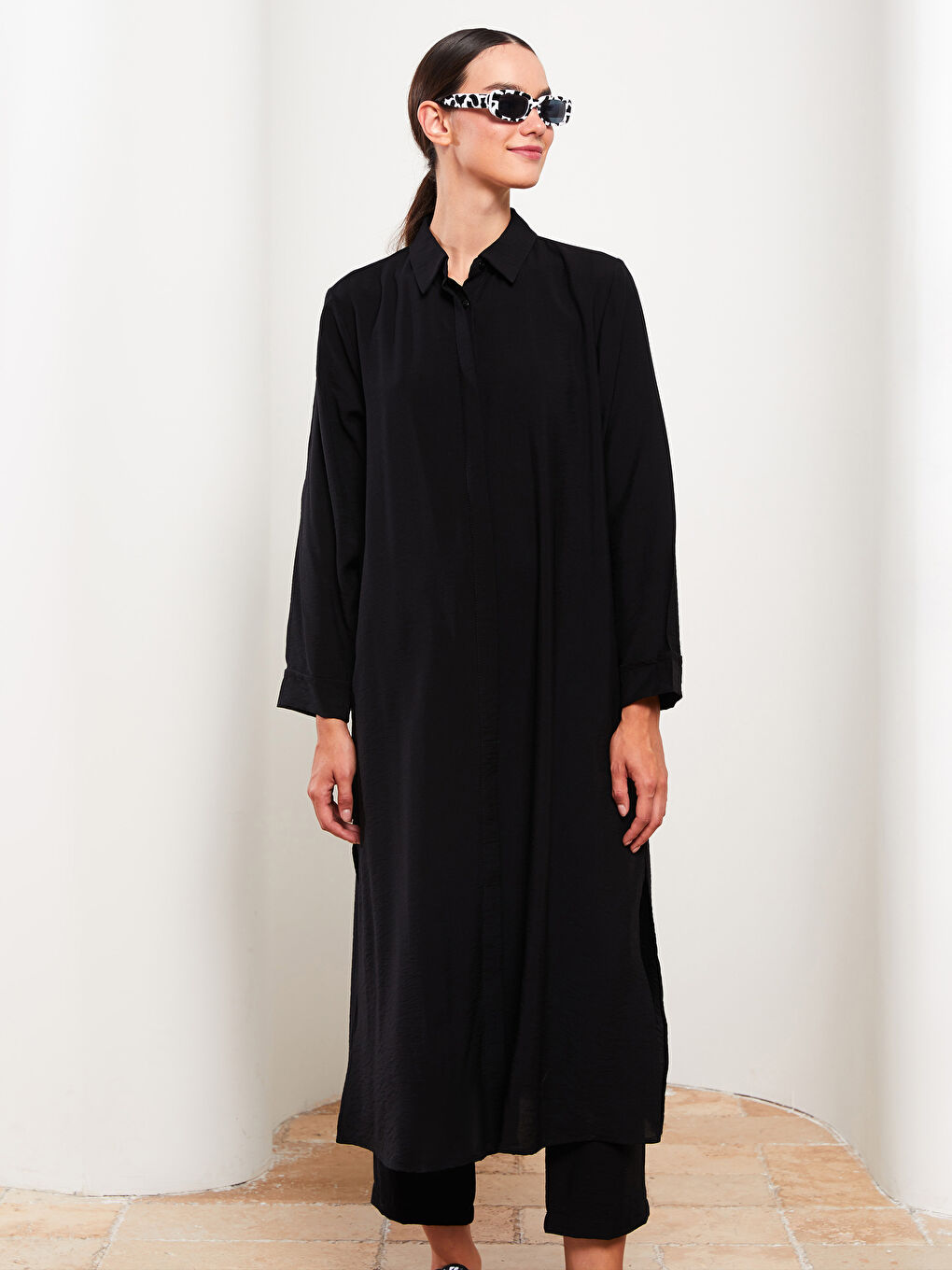 Karışık Düz Uzun Kollu Kadın Gömlek Tunik-3