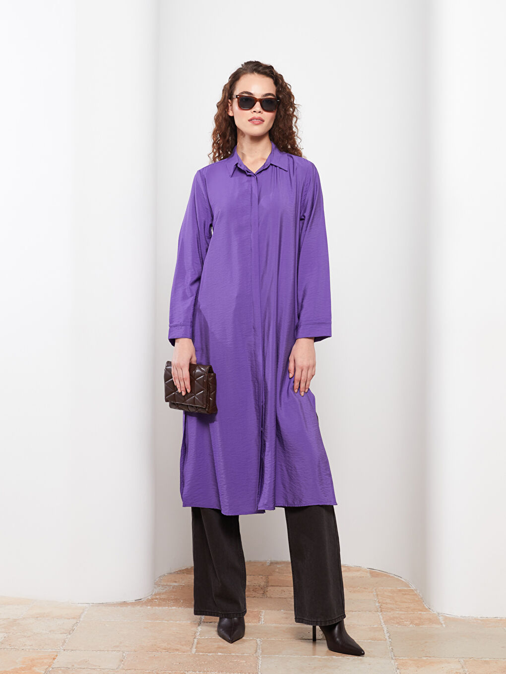 Mor Düz Uzun Kollu Kadın Gömlek Tunik