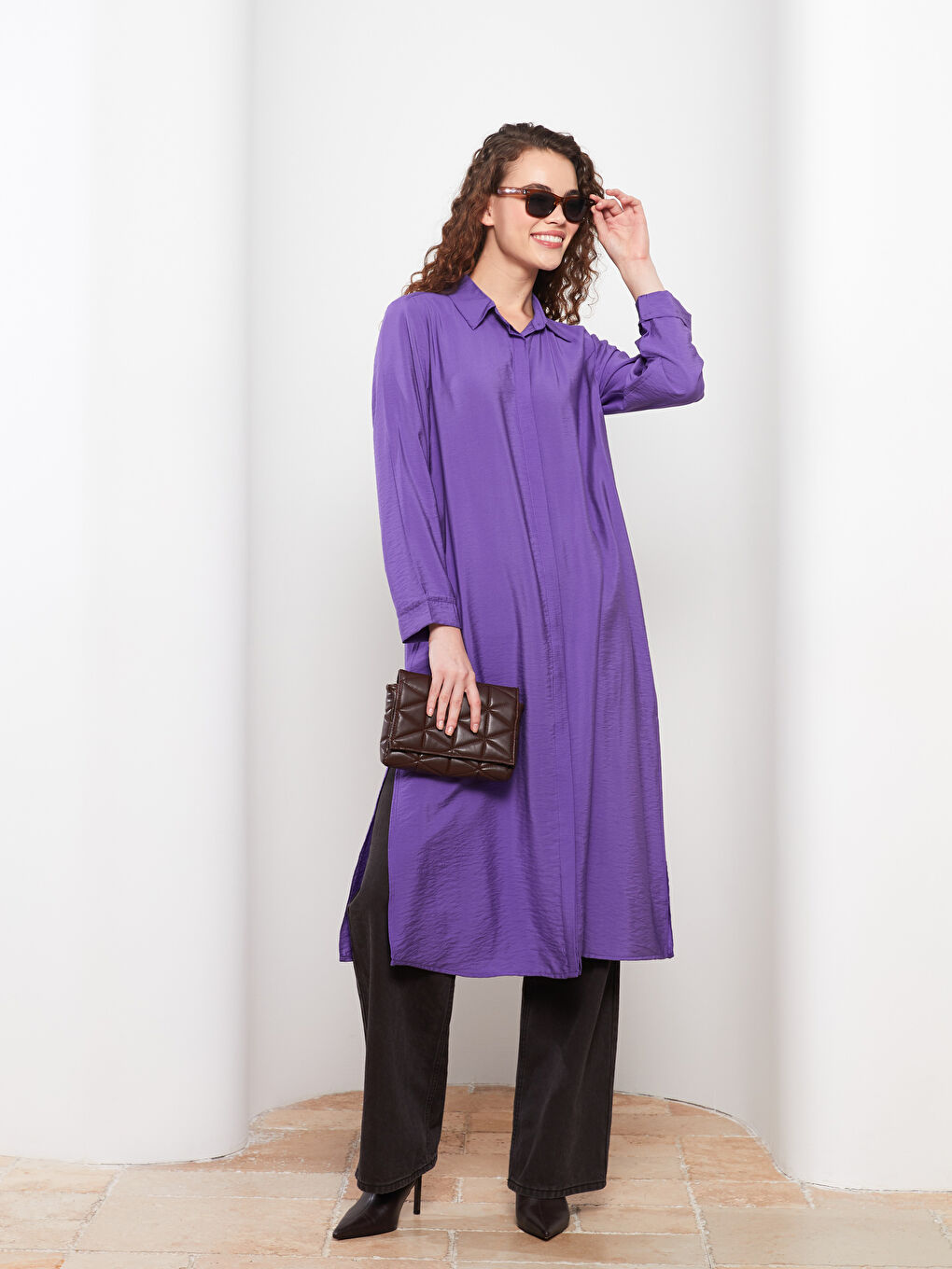 Mor Düz Uzun Kollu Kadın Gömlek Tunik-1